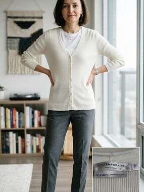 Simons Cream Ribbed V-Neck Button Cardigan